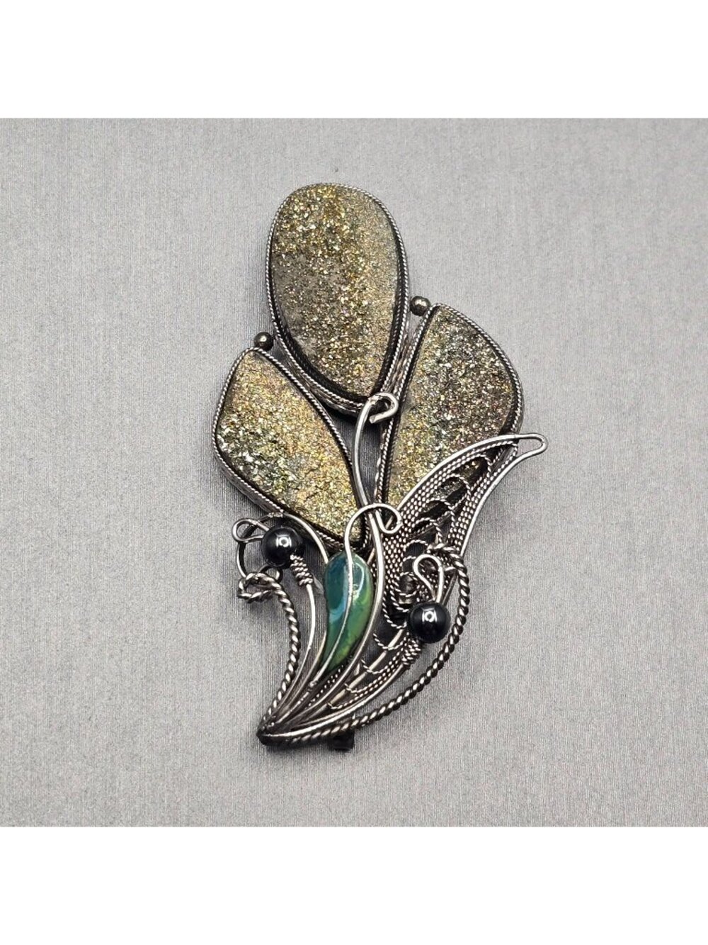 Vintage Pyrite Druzy Leaf Brooch Pendant Silver Wirework Statement Piece